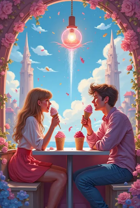 Two friends eating ice cream at McDonald's with their boyfriends, listening to Taylor Swift in a fantasy world