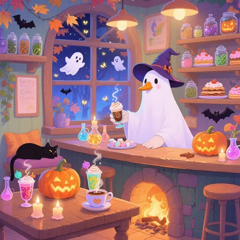 A cozy and magical Witch Cafe run by a ghostly goose wearing a flowing white sheet like a friendly ghost and a small pointed wit...