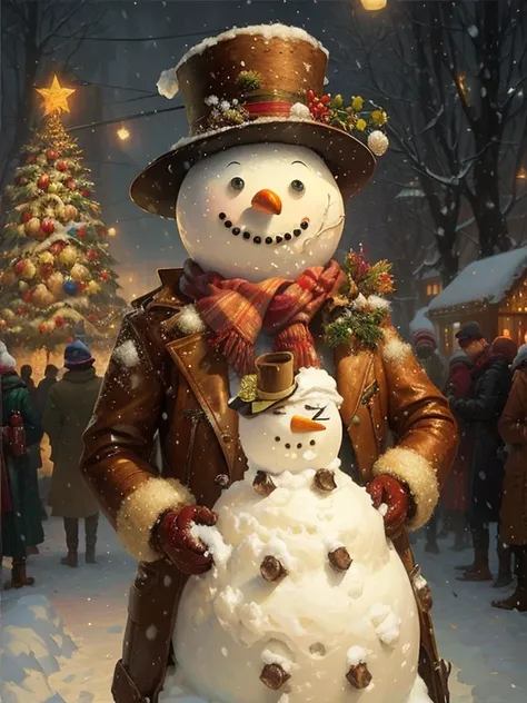 A painting of a snowman wearing a hat and jacket standing in the snow, by Itshak Holtz, author:Brian Thomas, ( ( thomas kinkade ...
