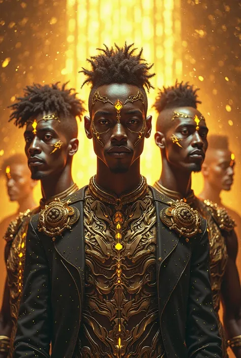Black kings with science fiction faces and a golden background.