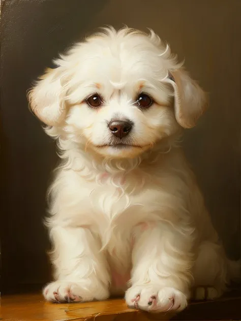painting of a white dog sitting on a wooden surface, painting of cute puppy, Small portrait, High Quality Portrait, Professiona...