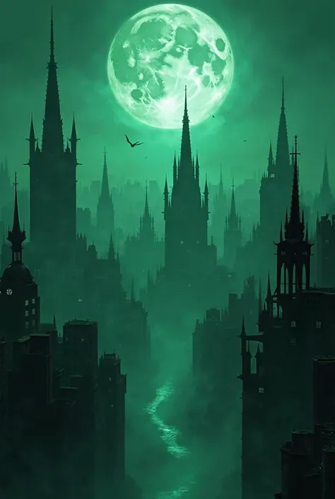 Deep green darkness、huge full moon、city silhouette