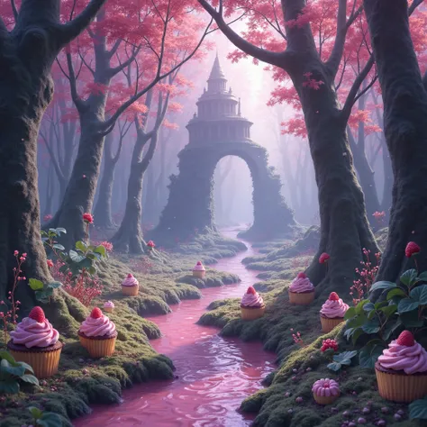 Within a misty forest tinted violet and mint green, the tree bark morphs into chocolate sponge and the branches shimmer with dol...