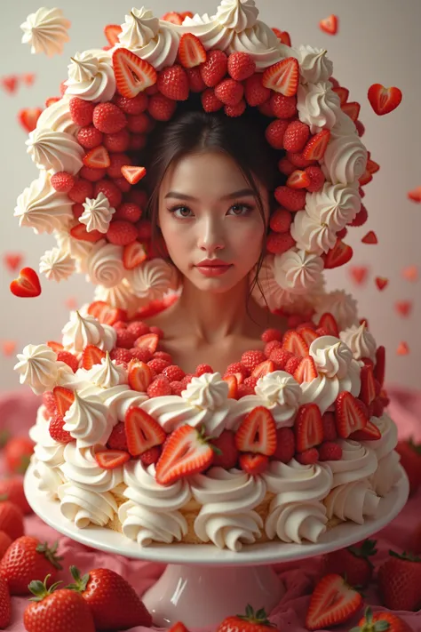 movie poster, strawberry cake transforms in to a sexy 20-year old, whipped cream scattered all around, dynamic angle, dynamic po...