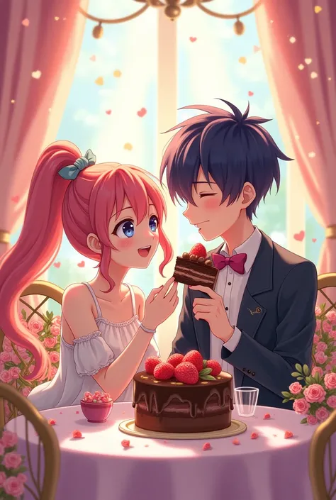 Female and male anime style chocolate cake