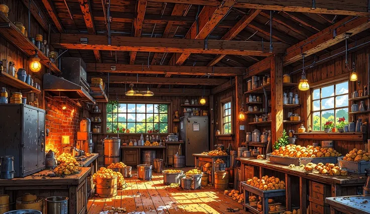 A highly detailed, stylized interior of an Albion Online crafting station (e.g., a bustling forge with glowing embers, a meticul...