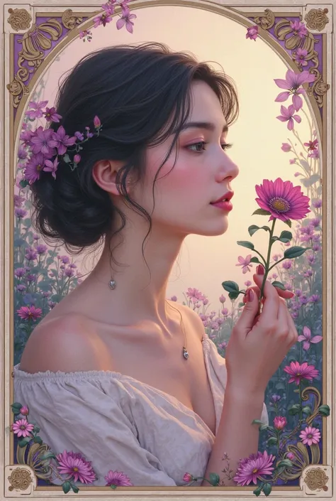A woman gazing at a flower about to be picked, yet untouched. Soft lilac and pink tones, floral background in Art Nouveau style ...