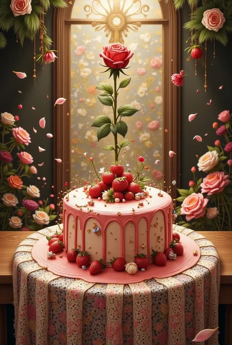 Inside a beautifully cozy, softly sunlit room, a luxurious round strawberry cake sits on a polished wooden table draped with del...