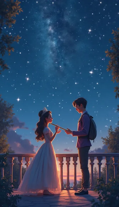 Princess standing on balcony at night, playing flute softly, starry sky above, glowing memory image of prince in the stars, magi...
