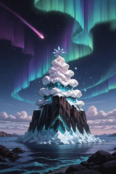 A towering pavlova iceberg floats on an ink-black polar sea, its meringue cliffs shimmering with aurora gradients—lime, violet, ...