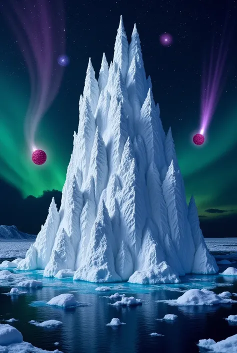 A towering pavlova iceberg floats on an ink-black polar sea, its meringue cliffs shimmering with aurora gradients—lime, violet, ...