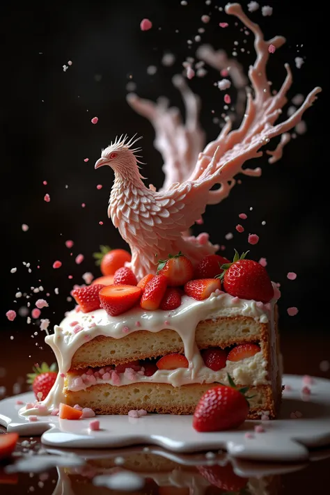 A photorealistic slice of strawberry cake is dramatically melting and transforming. The melting cream and strawberries defy grav...
