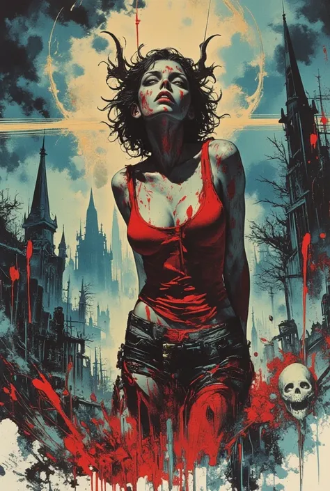 (Masterpiece, Best Quality: 1.teampunk style watercolor painting mixed with splashes of paint. "Zombie, sexy zombie, sexy, seduc...