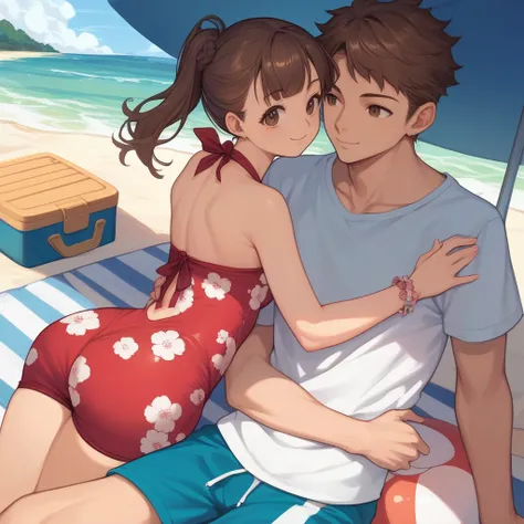 The cute little anime boy and the anime girl hugging each other and sitting on the beach together, back to view.
 
Image:
 
Boy'...