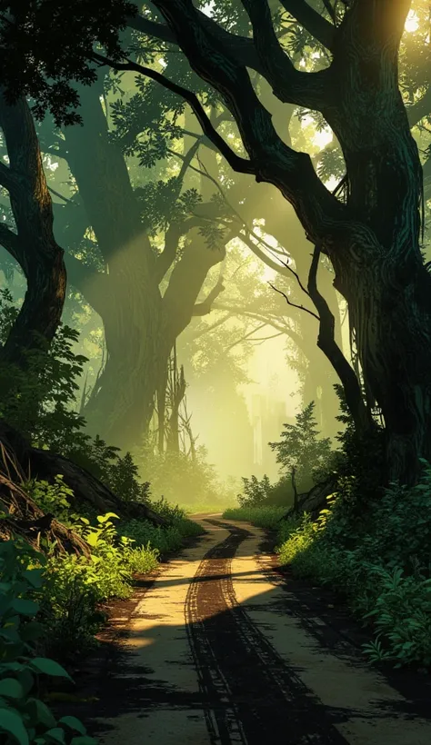 a path leading in to trees of a dark forest in the distance. there are car tyre tracks in the mud on the road. it is a bight sun...