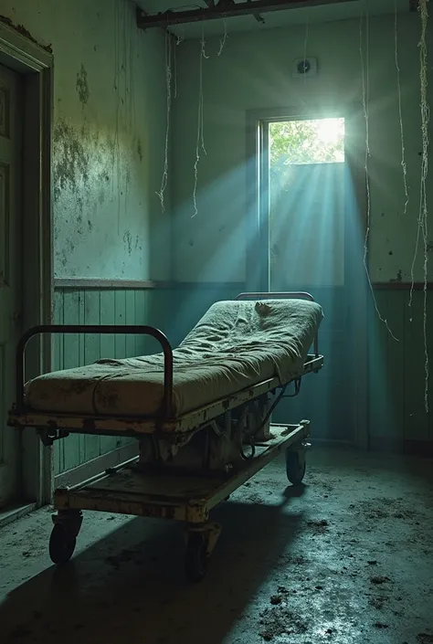 A rusted hospital gurney mysteriously moving by itself in a dimly lit, abandoned room