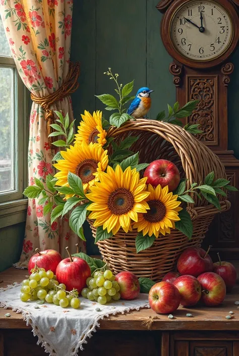 Upturned basket of sunflowers red apples green grapes on the old table old clock blue bird and flowery curtains
