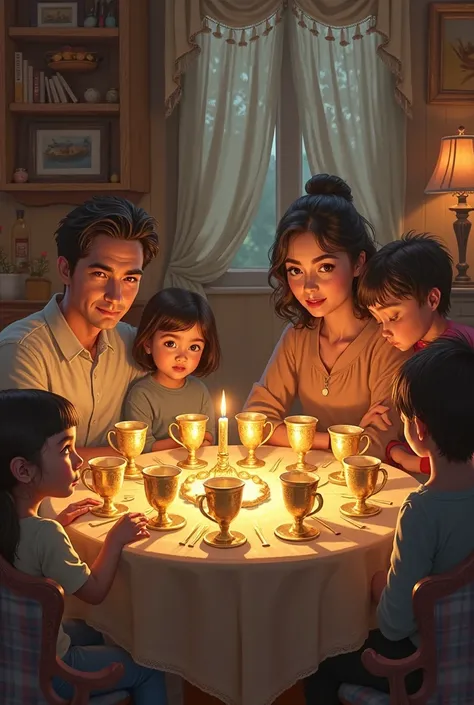 house . table .on the table there are ten gold cups. A man is sitting at the table, a woman and three children