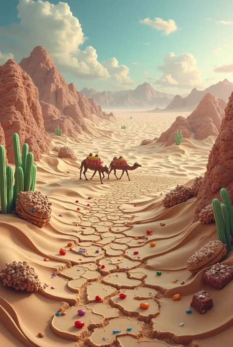 Visualize a vast dry desert landscape undergoing a magical transformation into a world of desserts. The sand dunes slowly morph ...