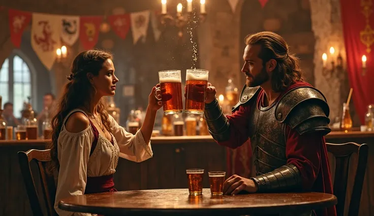 A man and woman of war are sitting in a medieval candlelight bar. iling and holding raised wooden mugs of beer, drops of beer ar...