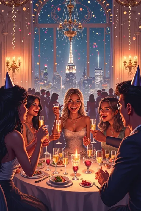 Create an image for a New Year's Eve party and make sure it has a beautiful message and at the end play Teacher Dayana loves you...
