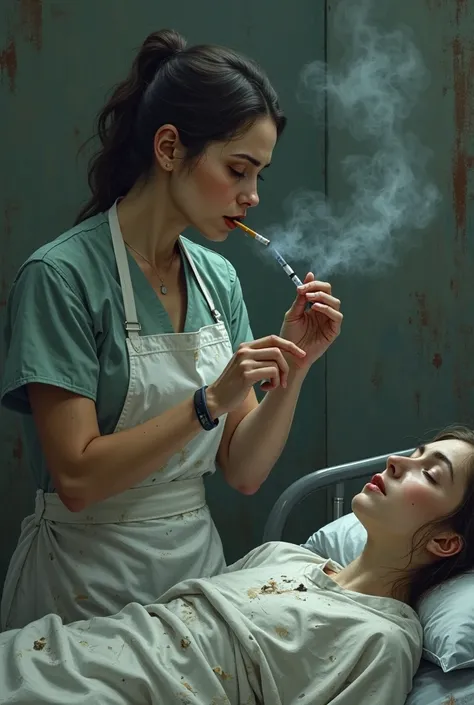 A nurse smoking and venting smoke, wearing a very dirty apron giving an injection to a patient in bed