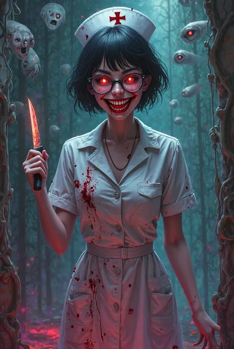 A surreal, nightmarish scene in a dimly lit, twisted hospital room with walls melting into shadowy tendrils. A deranged nurse wi...