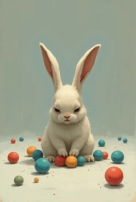 illustration of a sad bunny next to scattered colored balls.