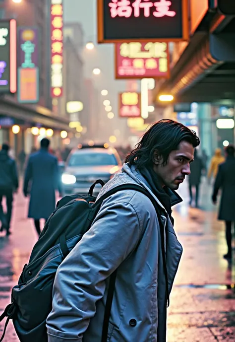 Cinematic cyberpunk portrait of a man walking through a neon-lit futuristic city, nighttime scene, heavy rain, soaked trench coa...