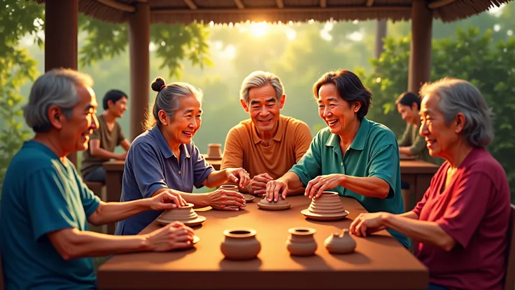A group of Vietnamese seniors participating in a pottery workshop, each shaping clay at a communal table under a thatched roof, ...