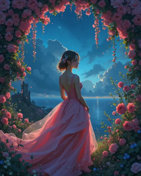 Let's go to a world of dreams with the secrets hidden in a garden with beautiful flowers blooming in the sky on a starry night,A...