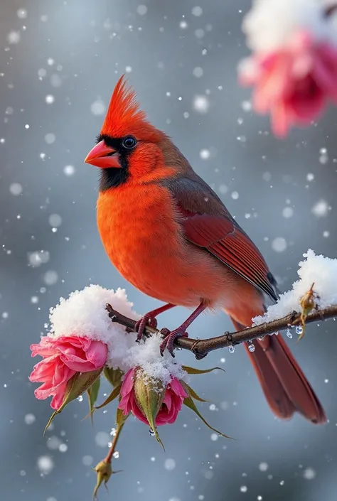 Northern Cardinal on snowy rose branch – winter rose sanctuary
Ultra-detailed 8K image of a brilliant red Northern Cardinal perc...