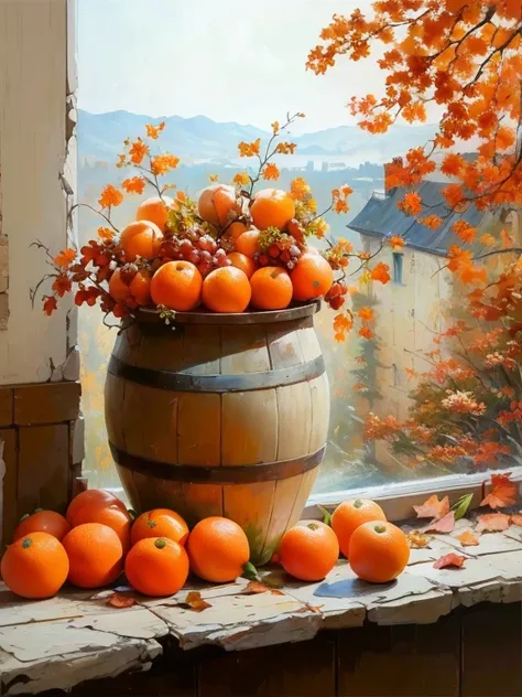 Draw a bucket of oranges on the window sill, Still Life, painting风格, 专业painting, painting, 数字艺术painting, 4 k painting, inspired ...