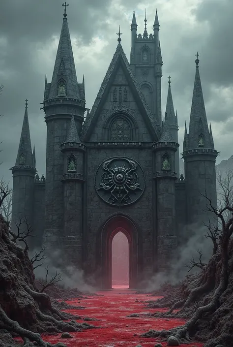 A dark, ominous fortress seen from the outside, standing atop a crimson plateau under stormy skies. The castle has tall obsidian...