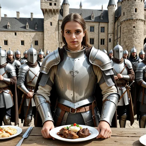 A medieval knight stands on the battlements of a castle looking outwards. His plate is 13th century. There is a bitter look in h...