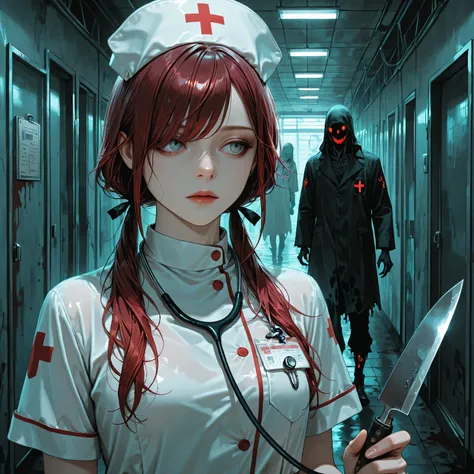 score_9,score_8_up,score_7_up, expressionless girl holding knife, looking to the side, ghosts, dark hospital hallway, lifeless ...
