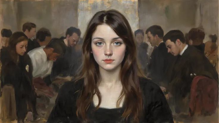 Charcoal and pastel drawing, character Mystery Woman (Female; 25; Caucasian; long straight dark brown hair; pale skin; oval face...