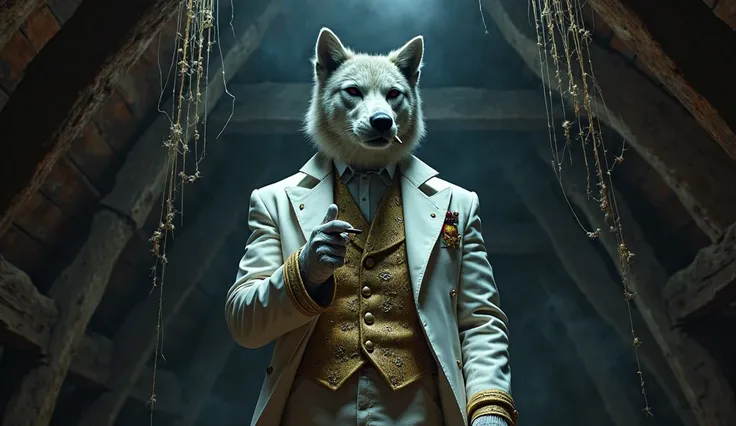 "A mysterious figure with a realistic wolf head, dressed in a princely white-and-gold suit, standing in the attic of an old fort...