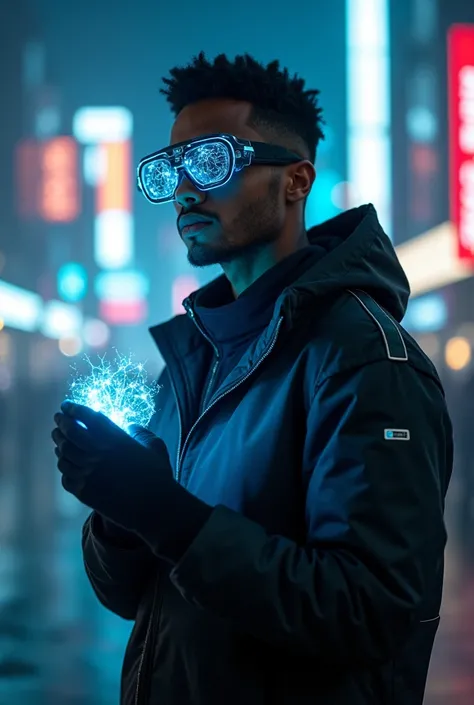 A handsome and cute Ethiopian-Asian young man with smooth skin and a sharp jawline, wearing stylish AI smart glasses with a holo...