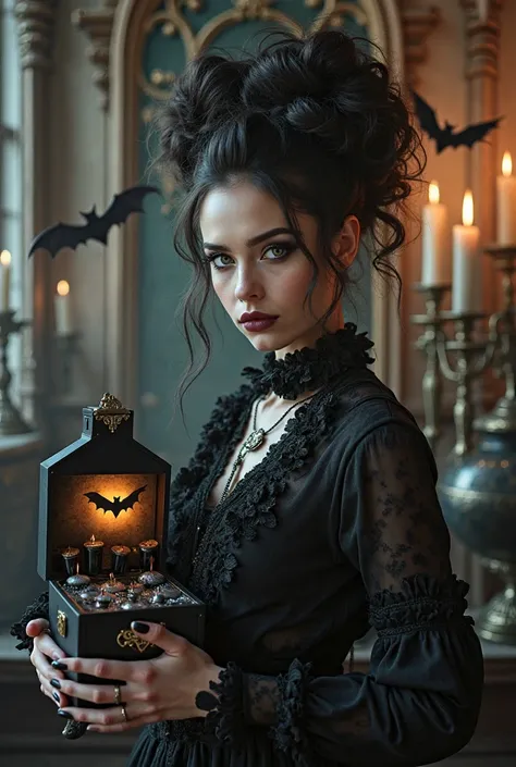 Gothic girl promoting casket and bat bags
