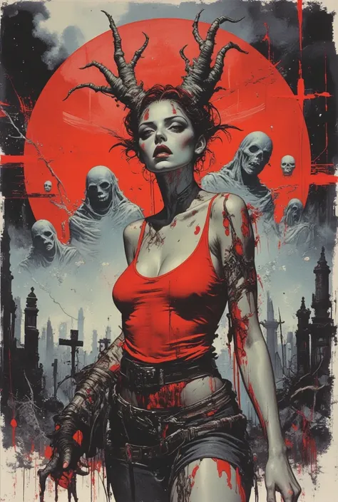 (Masterpiece, Best Quality: 1.teampunk style watercolor painting mixed with splashes of paint. "Zombie, sexy zombie, sexy, seduc...