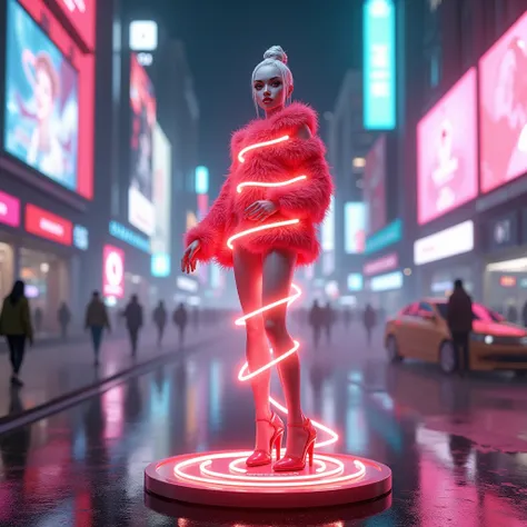 A 3D hyper-realistic animated white woman with ethereal features stands boldly on a sleek circular platform in the heart of a ne...