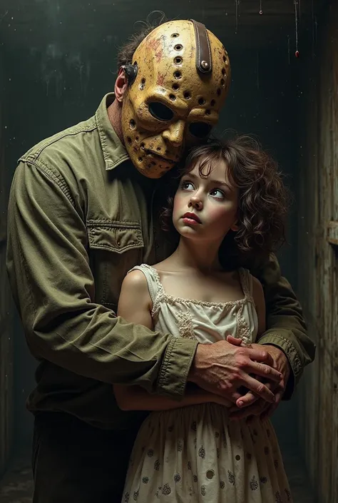 Leatherface (Thomas Hewitt) hugging like a doll an 18-year-old girl with curly brown hair and amber eyes and pale skin