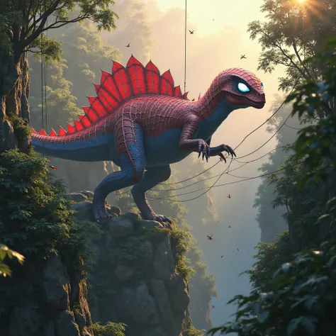 A hyper-detailed 3D render of a colossal Spinosaurus fused with the agility and style of Spider-Man, standing in the middle of a...