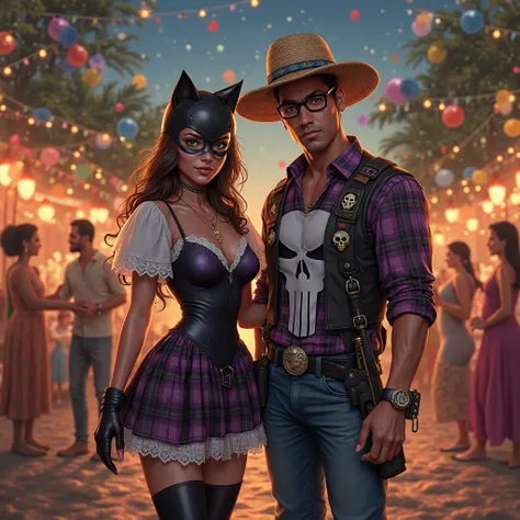 Super realistic and stylish digital illustration of Catwoman (Catwoman) e do Justiceiro (Punisher) characters in a Traditional B...