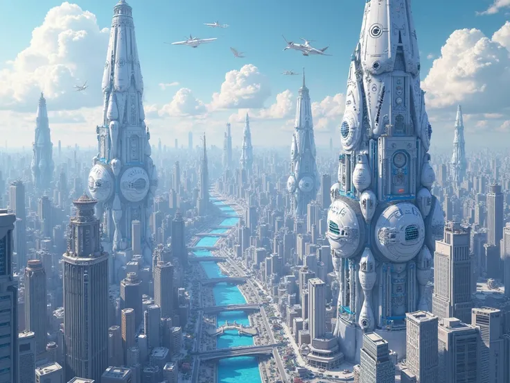 HD wallpaper, full image, anime art, Futuristic and advanced technological city, white buildings, with blossoming blue lights, m...