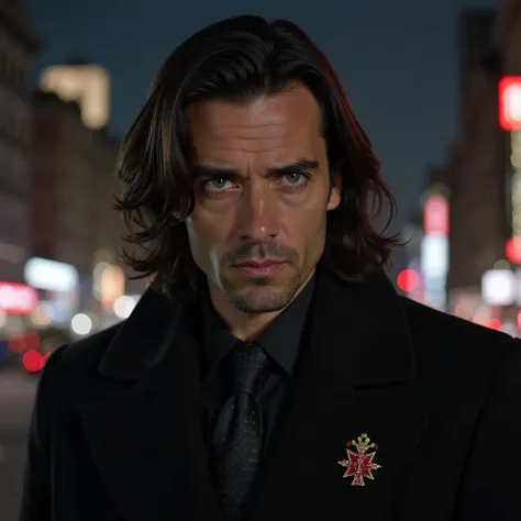 Man about 35 years old, de origem francesa, muito forte, Suit, olhos azuis, look sad and tired , long hair with mullet, weari...