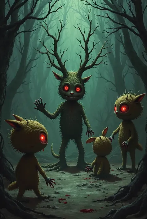 Create an iconic scene from a horror movie, Like a scene from The Enlightened, But with characters reminiscent of the macabre se...