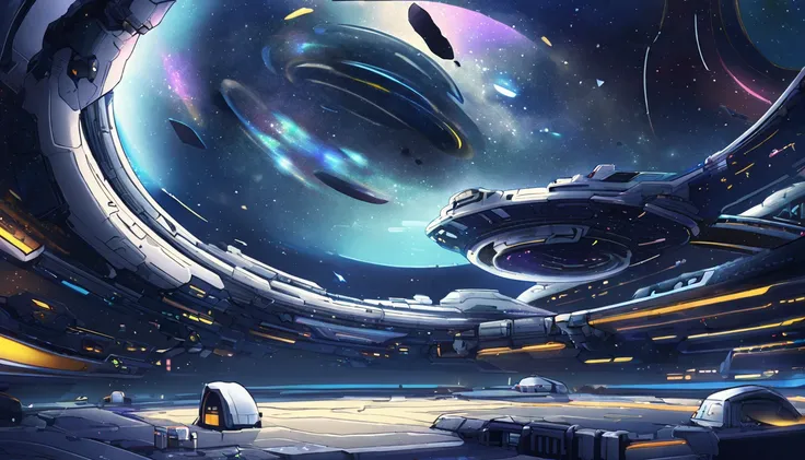 Ivory white and gold-plated space station,Such as StarCraft prototypes, A circular flying in the sky at night, Dark ( Space stat...