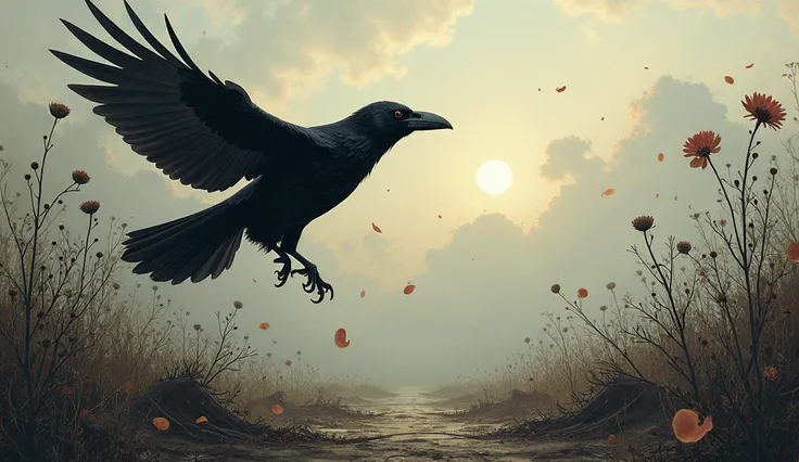A crow flying over a withered garden—symbol of death.
